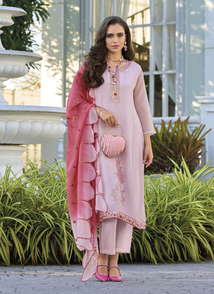 Light Pink Soft Organza Readymade Pant Kameez For Festival