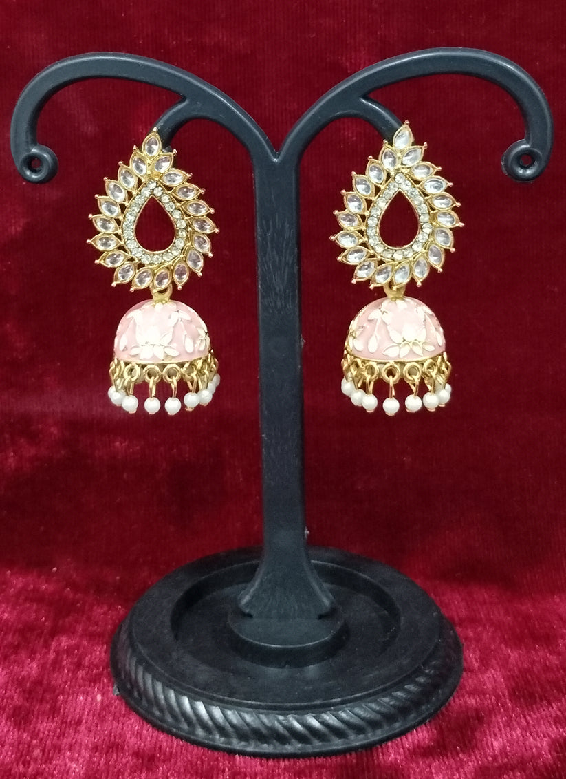 Pink Kundan Jumkha Earrings