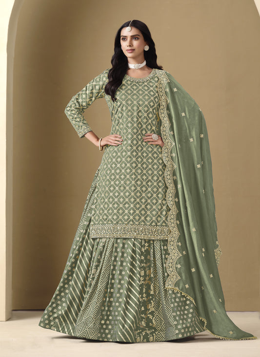 Sage Green Art Silk Embroidered Readymade Lehenga Kameez
