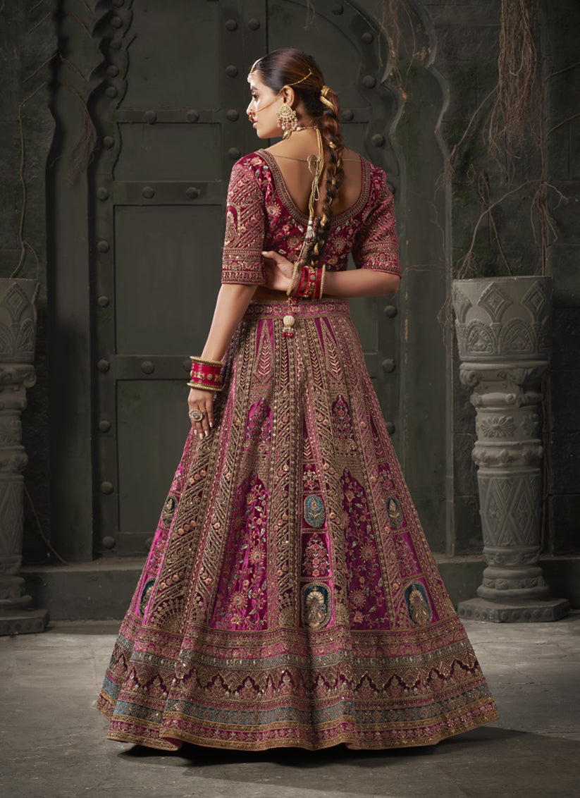 Rani Pink and Maroon Velvet Hand Embroidered Bridal Lehenga Choli