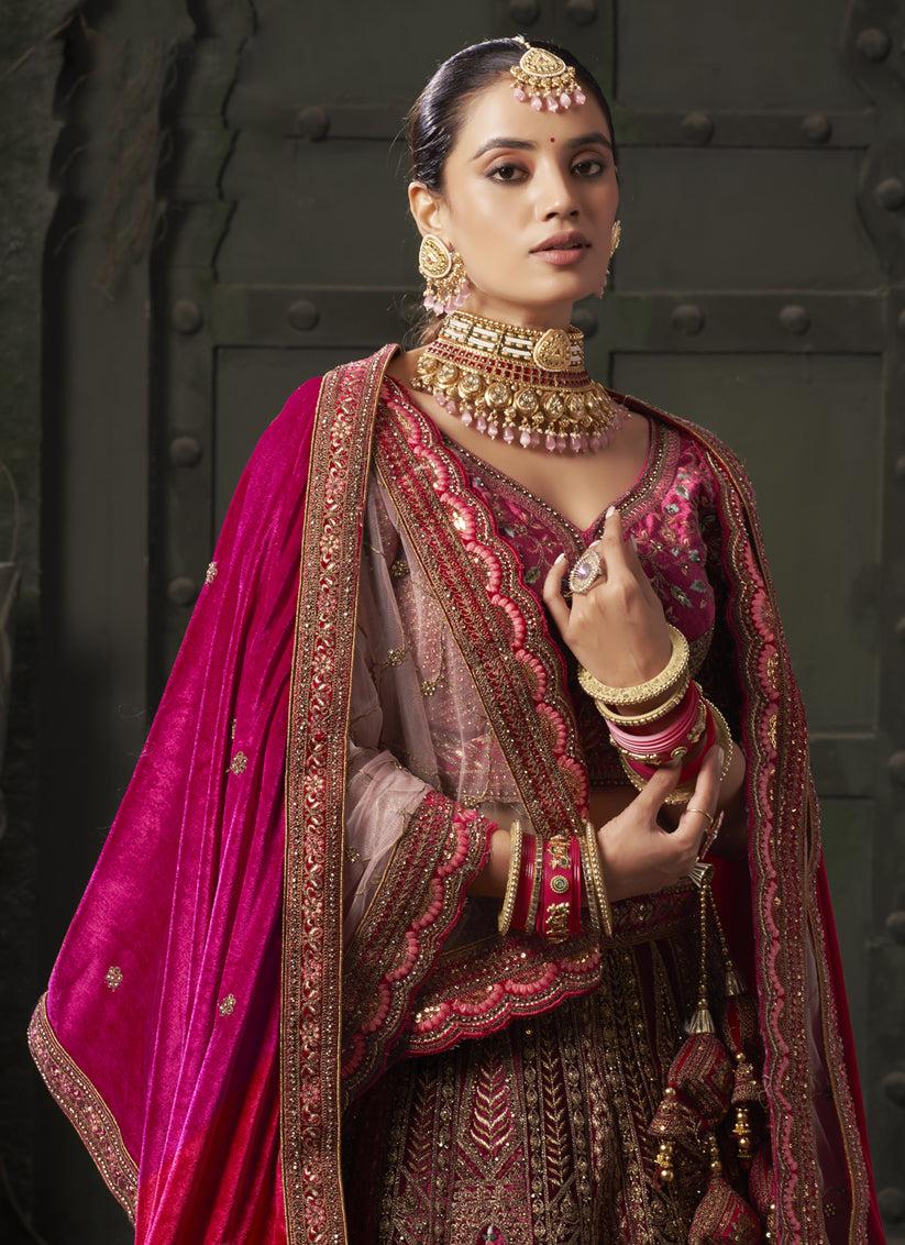 Rani Pink and Maroon Velvet Hand Embroidered Bridal Lehenga Choli