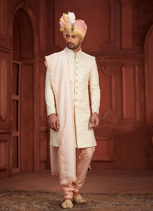 Cream Pure Silk Designer Wedding Sherwani