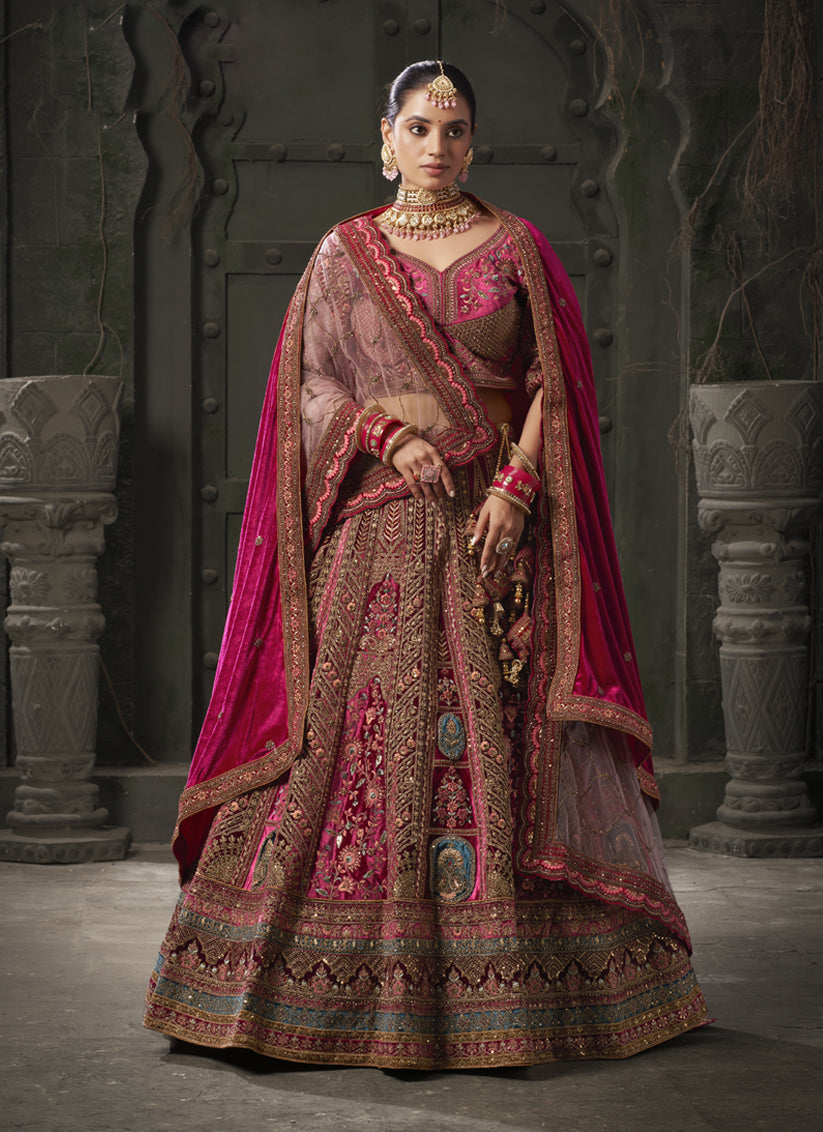 Rani Pink and Maroon Velvet Hand Embroidered Bridal Lehenga Choli