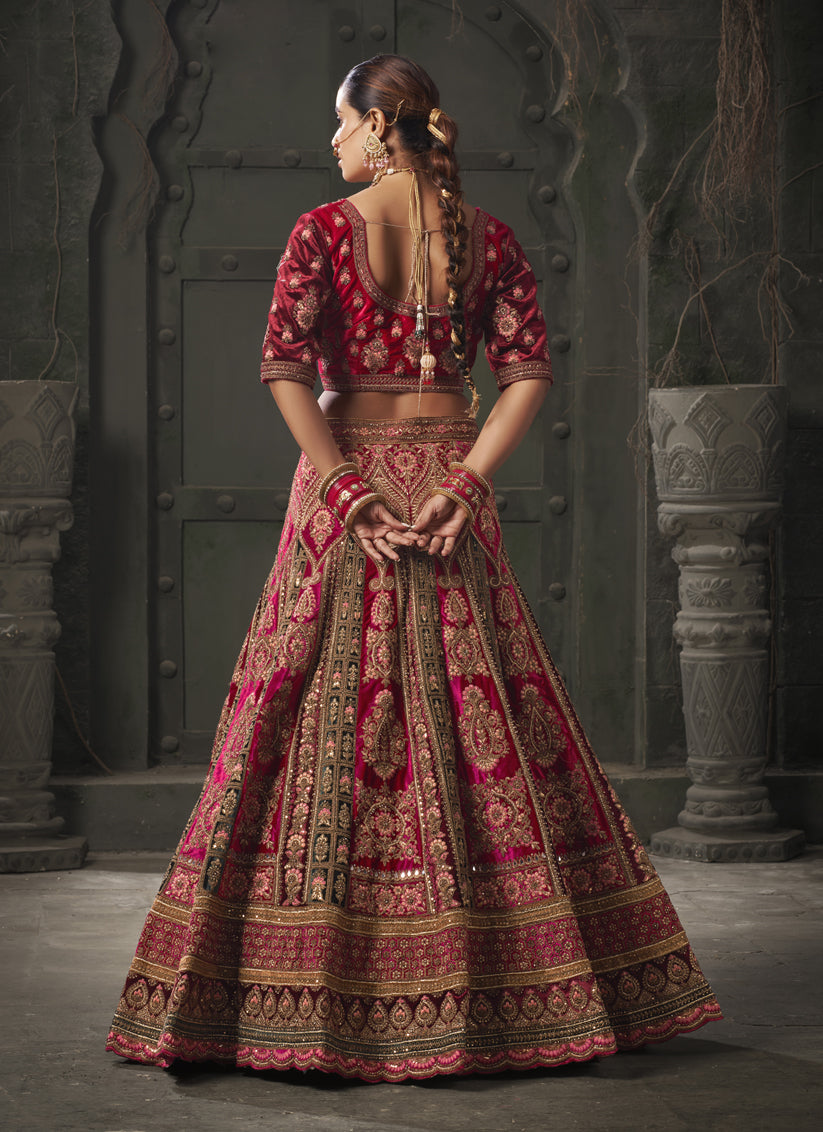 Rani Pink and Rama Green Velvet Hand Embroidered Bridal Lehenga Choli