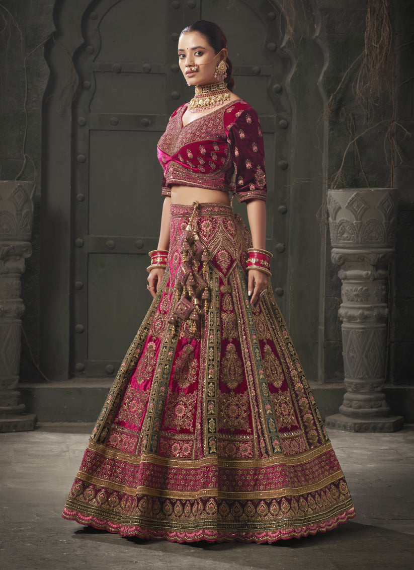 Rani Pink and Rama Green Velvet Hand Embroidered Bridal Lehenga Choli