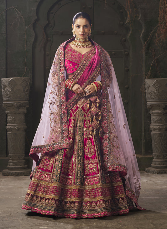 Rani Pink and Rama Green Velvet Hand Embroidered Bridal Lehenga Choli