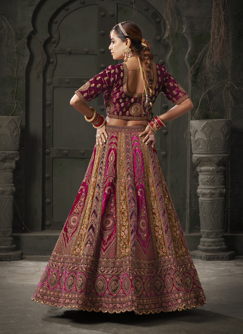 Rani Pink and Musterd Velvet Hand Embroidered Bridal Lehenga Choli