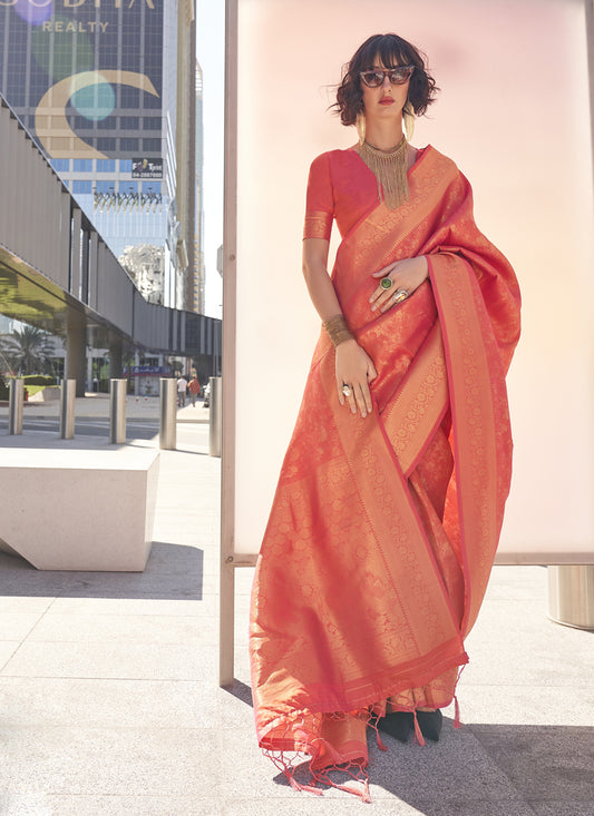 Orange Handloom Weaving Work Saree for Festival