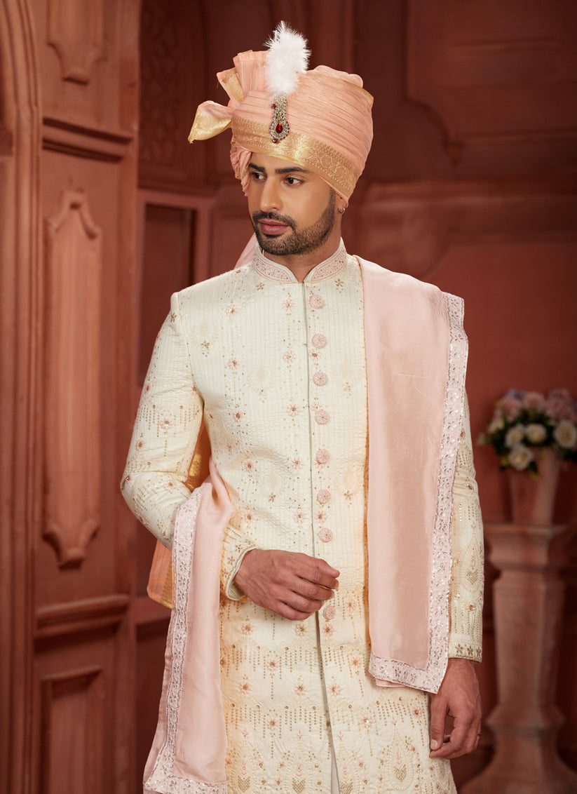 Cream Pure Silk Designer Wedding Sherwani
