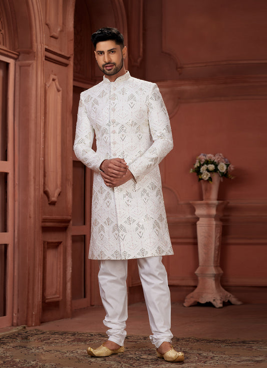 Off White Pure Silk Designer Wedding Sherwani