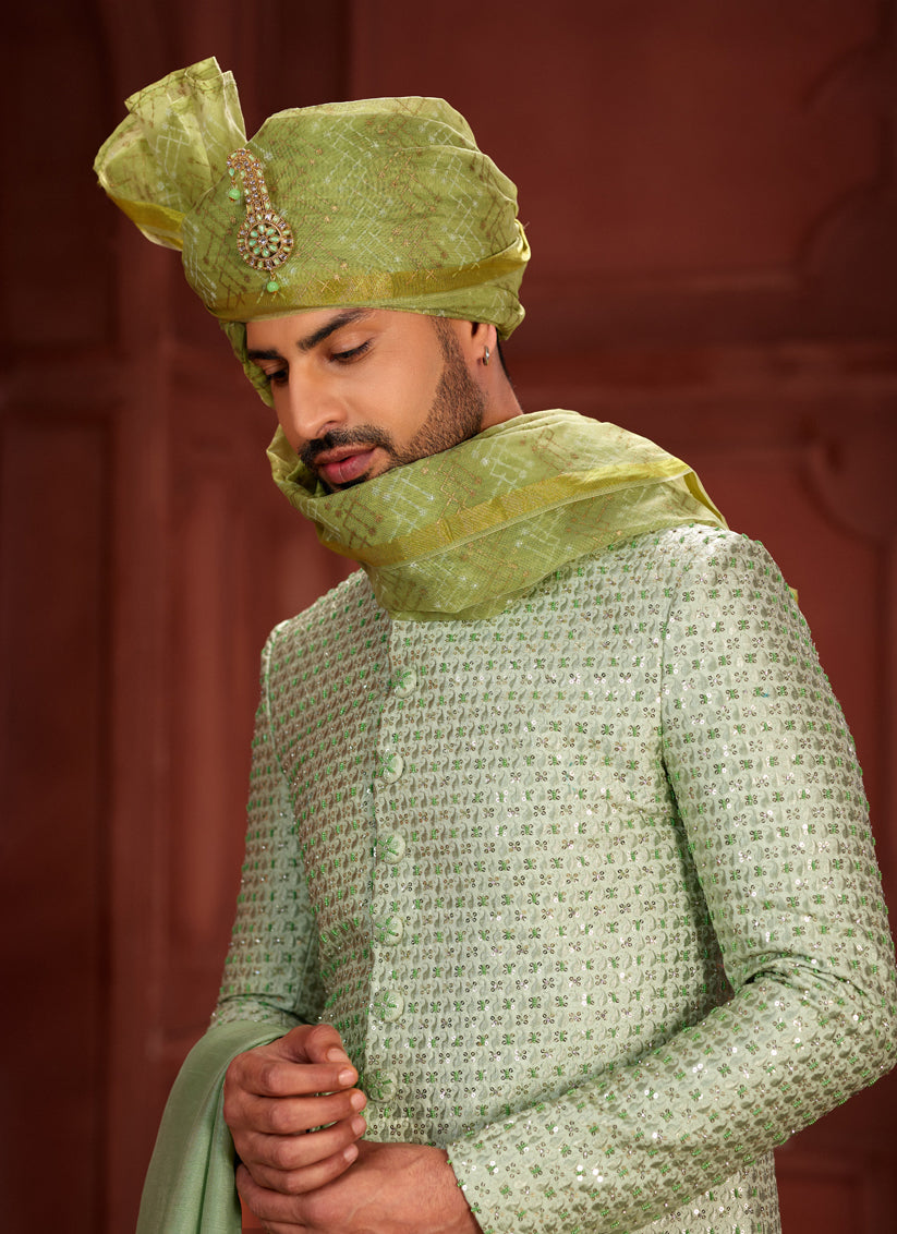 Pastel Green Pure Silk Designer Wedding Sherwani