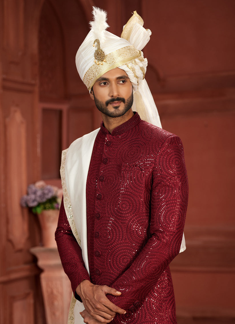 Maroon sherwani wedding hotsell