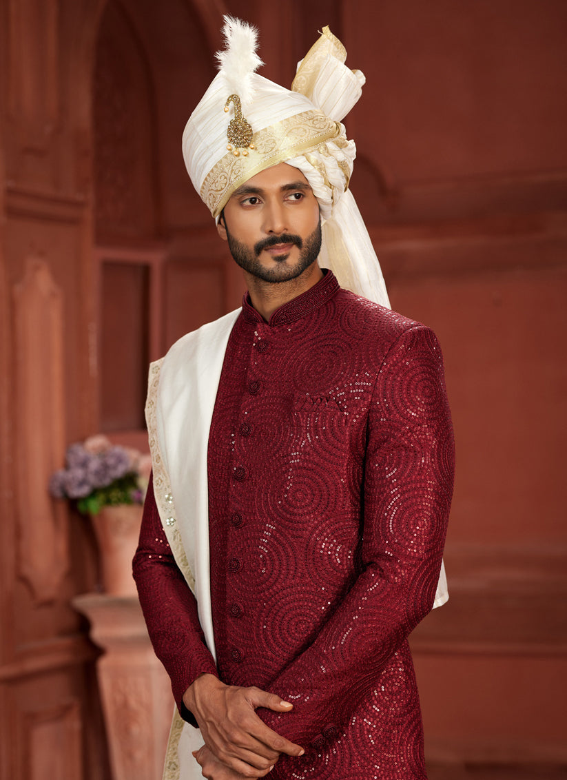 Maroon Pure Silk Designer Wedding Sherwani
