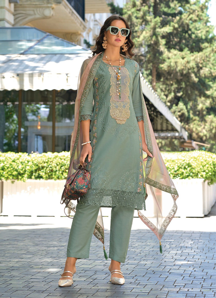 Mint Grey Cotton Embroidered Readymade Pant Kameez