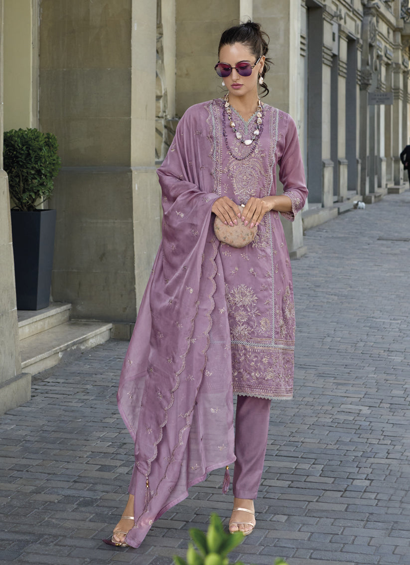 Mauve Organza Embroidered Readymade Pant Kameez