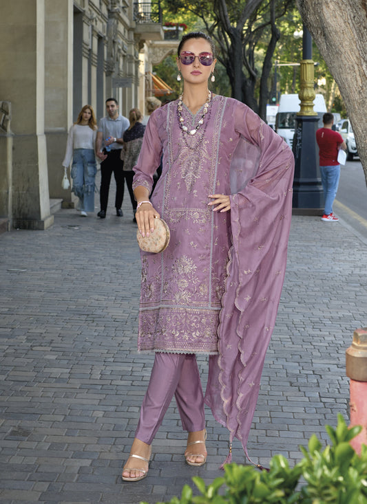 Mauve Organza Embroidered Readymade Pant Kameez