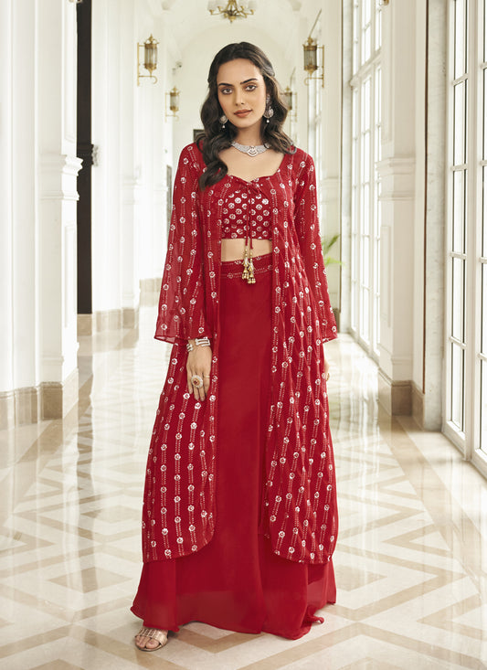Scarlet Red Faux Georgette Embroidered IndoWestern