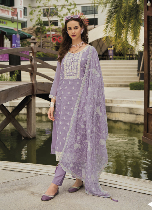 Lilac Organza Embroidered Readymade Pant Kameez