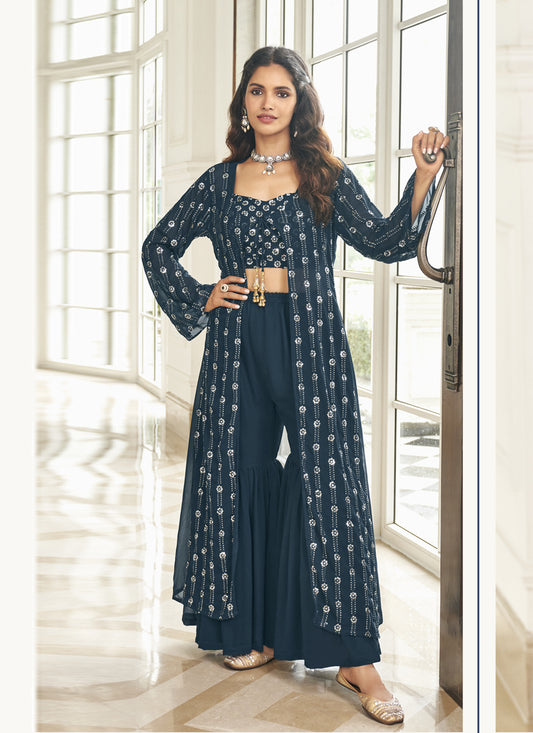 Prussian Blue Faux Georgette Embroidered IndoWestern