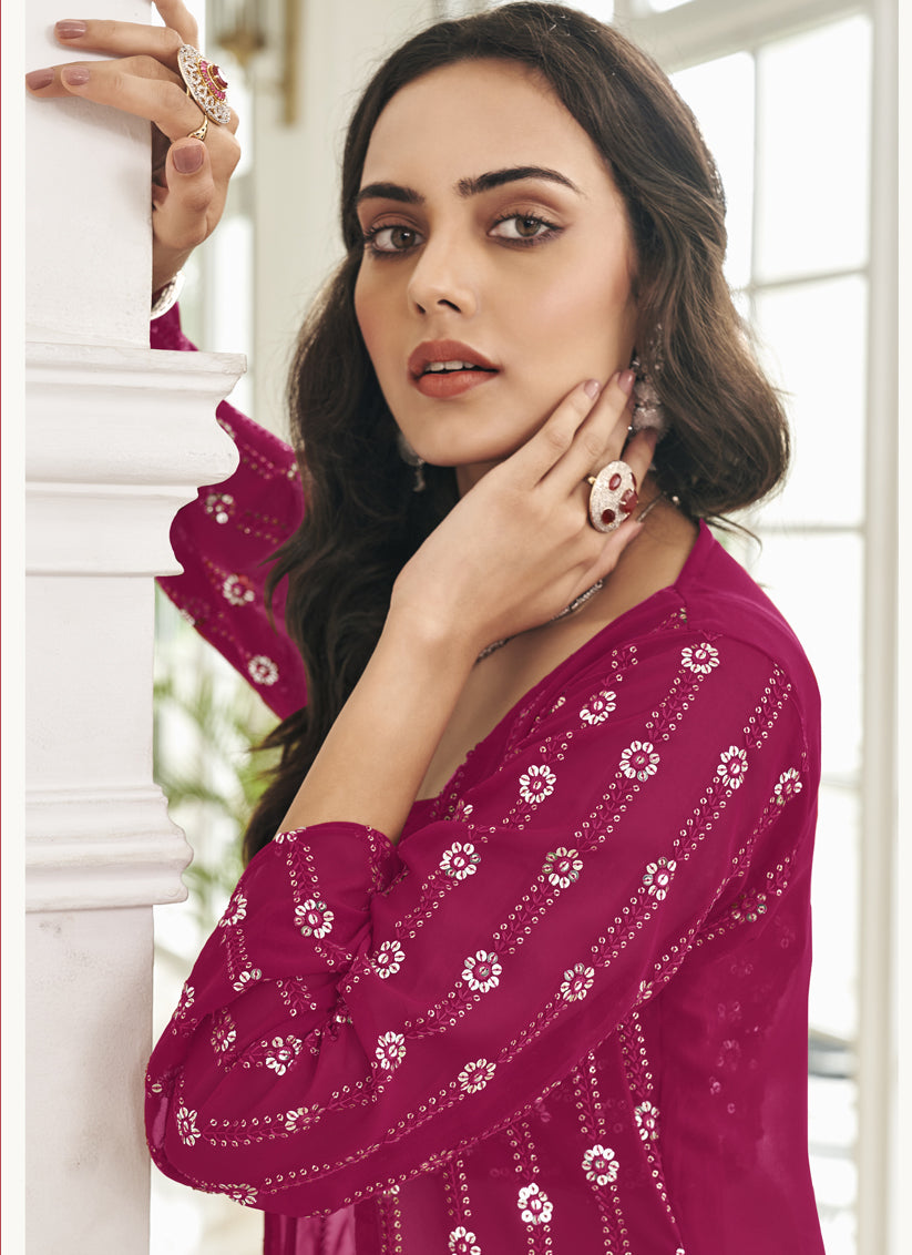 Magenta Faux Georgette Embroidered IndoWestern