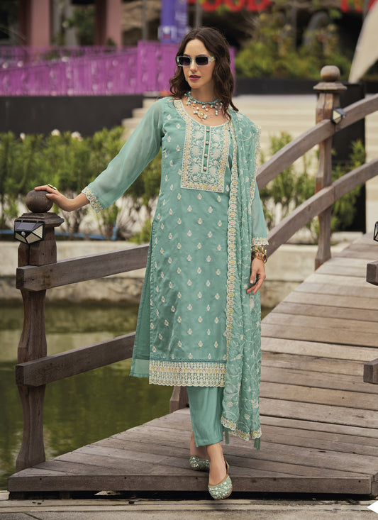 Mint Blue Organza Embroidered Readymade Pant Kameez