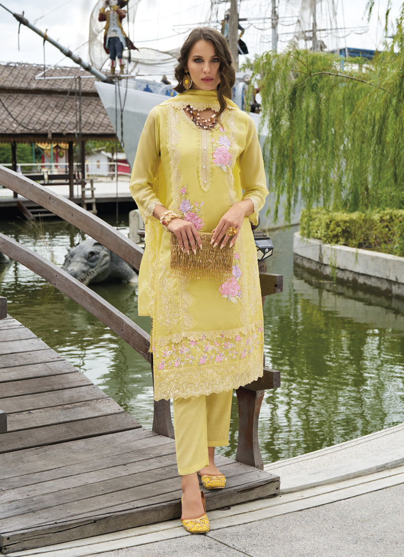 Pastel Yellow Organza Embroidered Readymade Suit