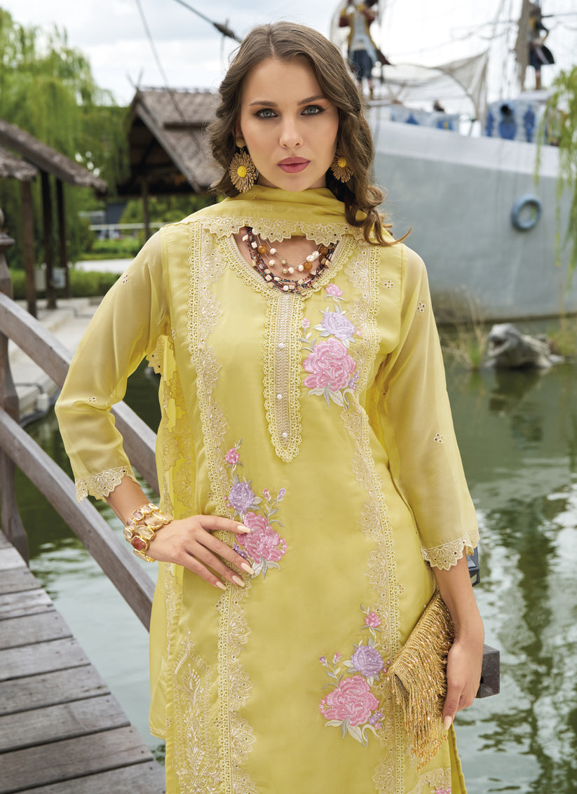 Pastel Yellow Organza Embroidered Readymade Suit