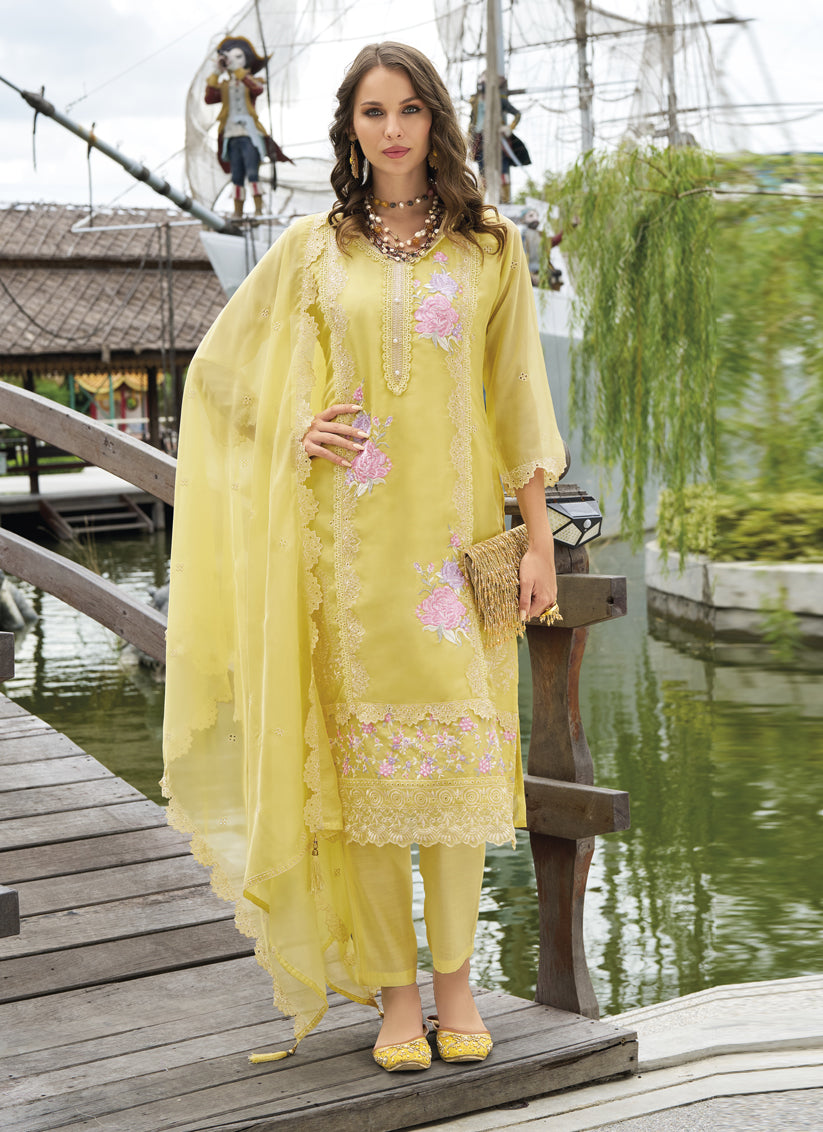 Pastel Yellow Organza Embroidered Readymade Suit