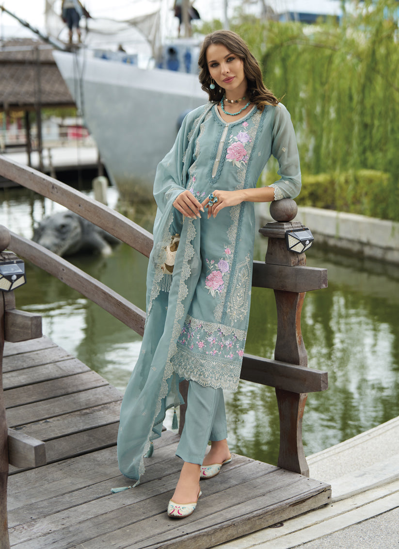 Teal Grey Organza Embroidered Readymade Suit