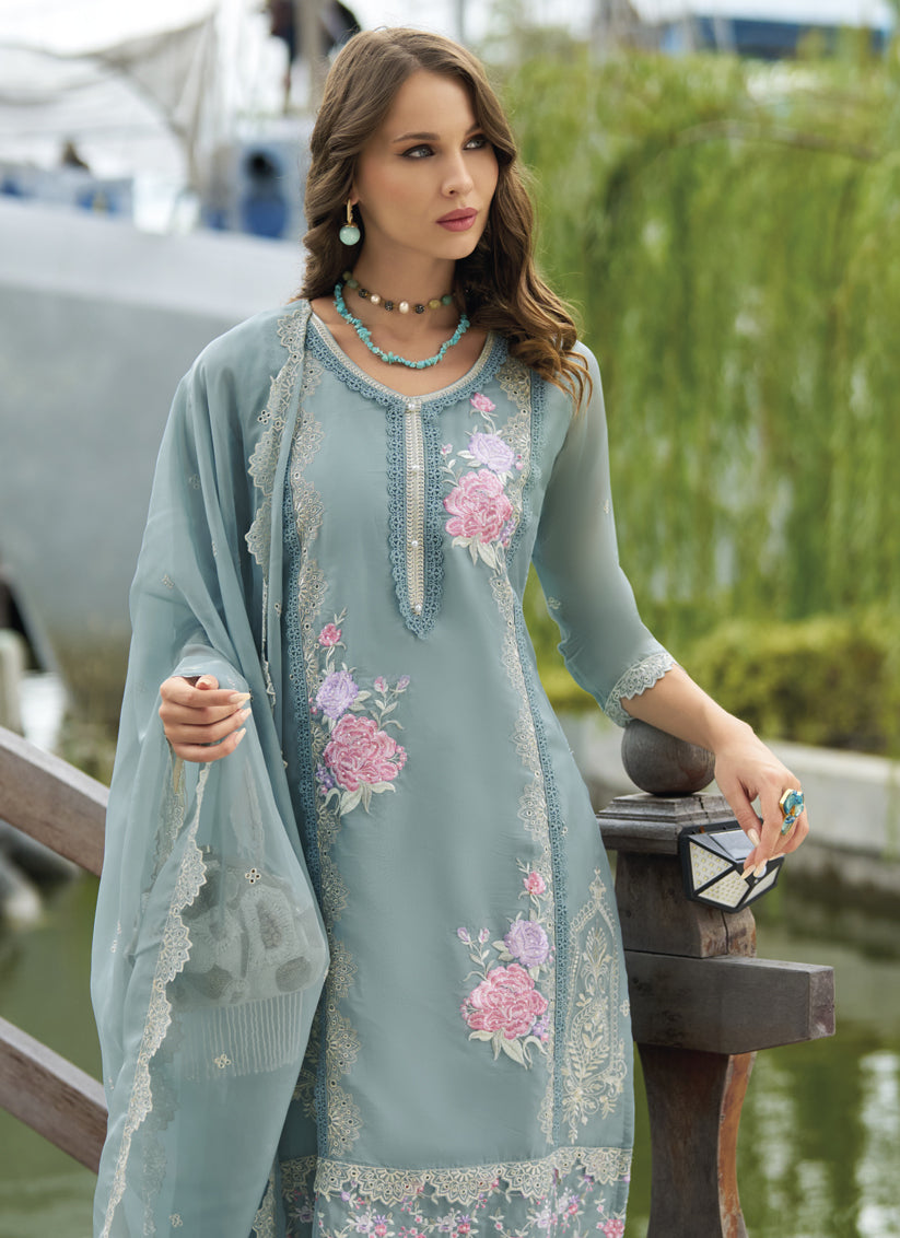 Teal Grey Organza Embroidered Readymade Suit