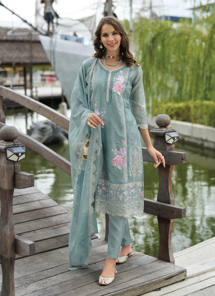 Teal Grey Organza Embroidered Readymade Suit