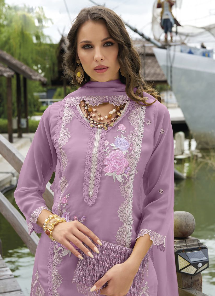 Lilac Pink Organza Embroidered Readymade Suit