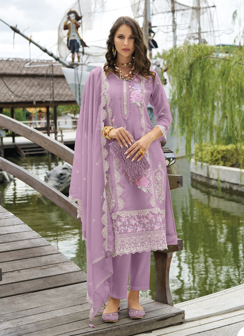 Lilac Pink Organza Embroidered Readymade Suit