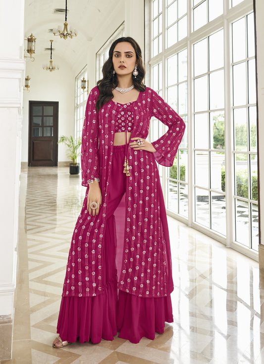 Magenta Faux Georgette Embroidered IndoWestern