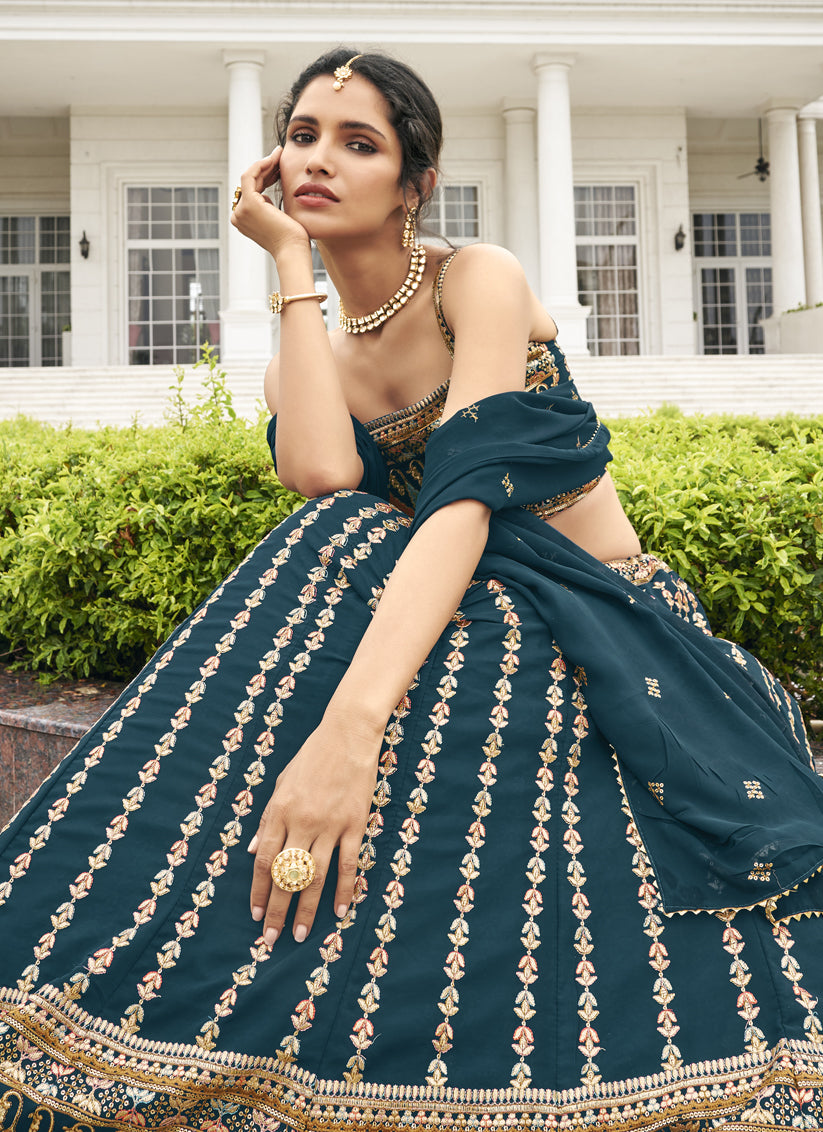 Prussian Blue Faux Georgette Embroidered Wedding Lehenga Choli