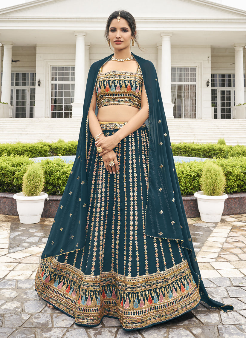 Prussian Blue Faux Georgette Embroidered Wedding Lehenga Choli