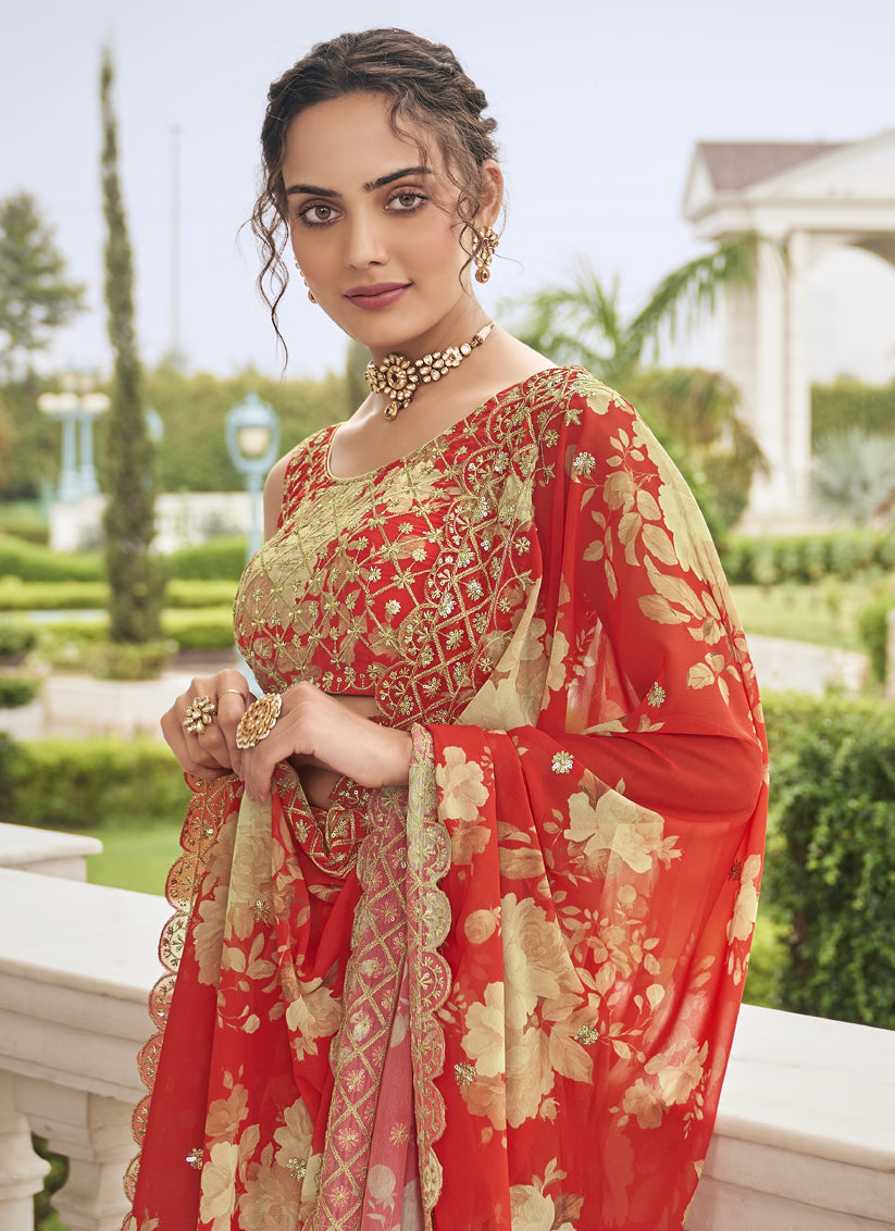 Hot Red Faux Georgette Embroidered Wedding Lehenga Choli