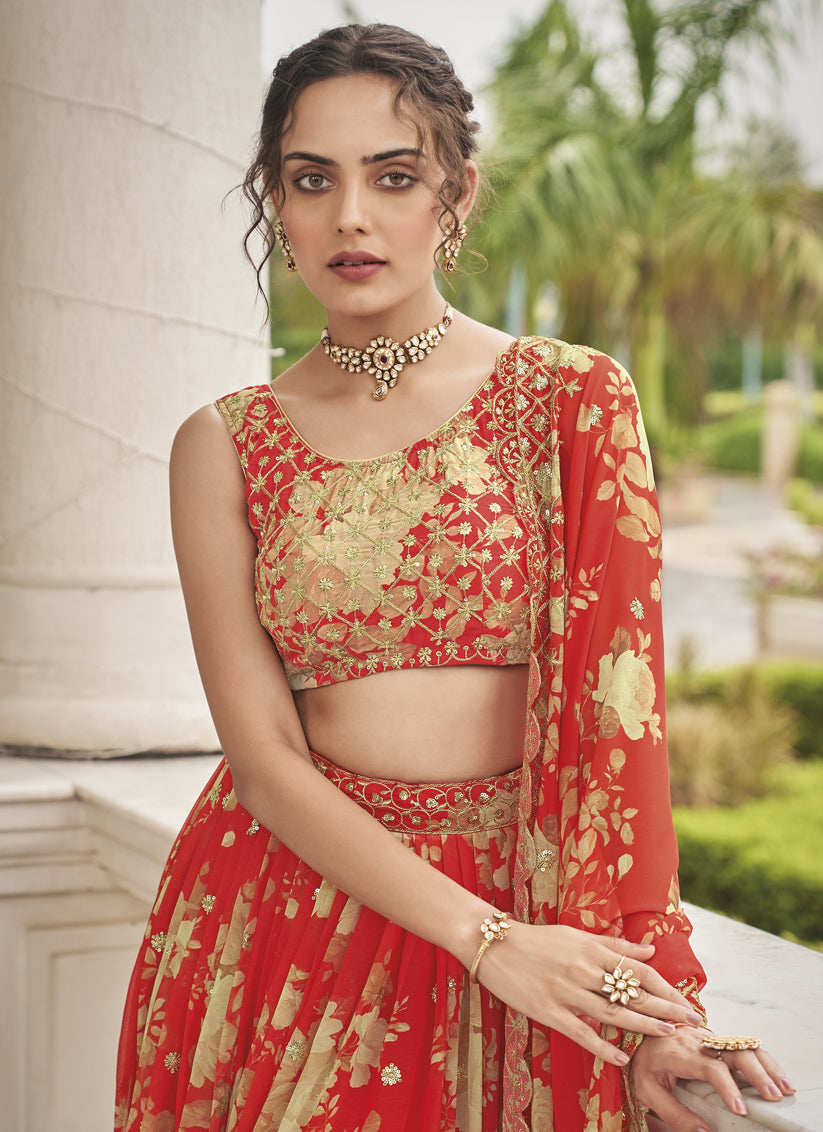 Hot Red Faux Georgette Embroidered Wedding Lehenga Choli