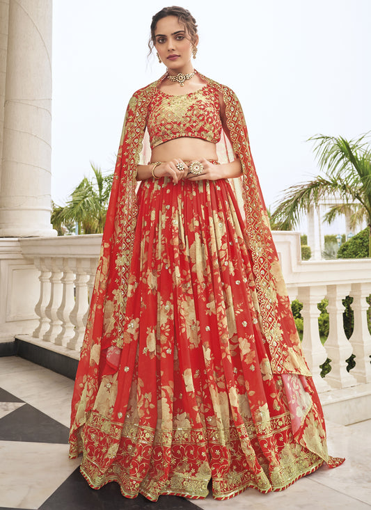 Hot Red Faux Georgette Embroidered Wedding Lehenga Choli