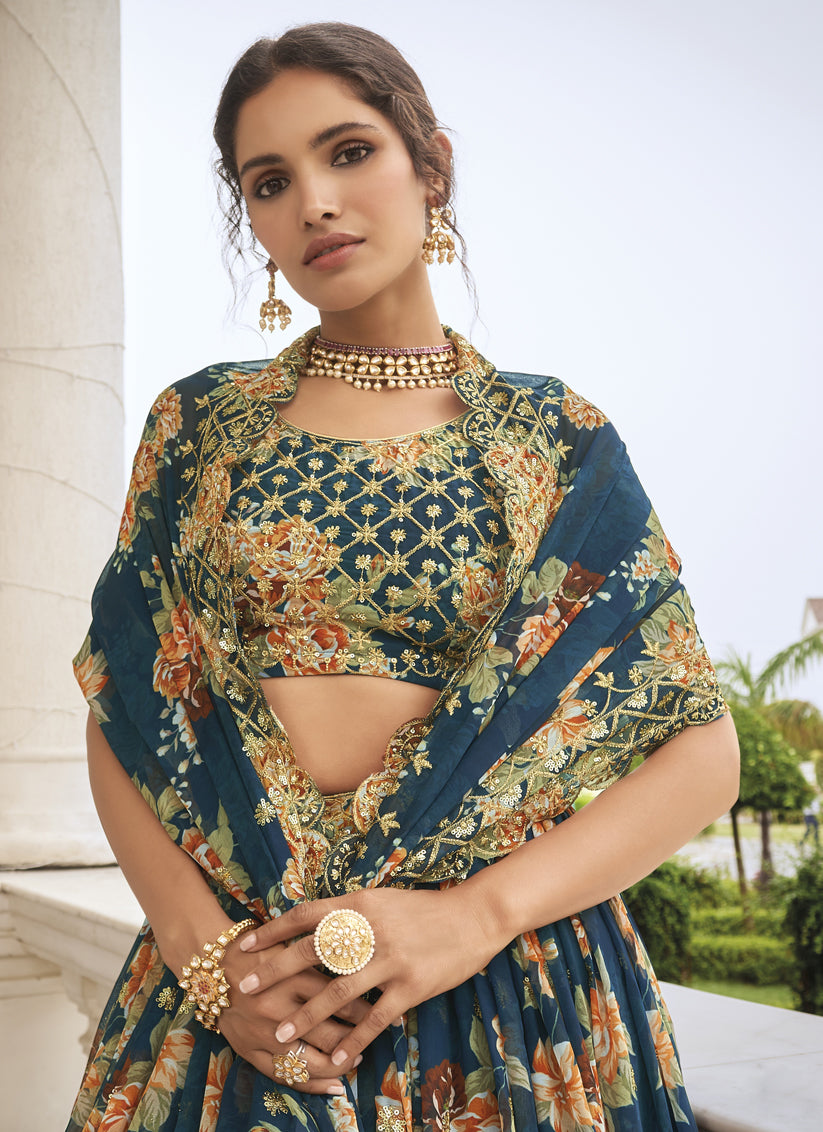 Peacock Blue Faux Georgette Embroidered Wedding Lehenga Choli