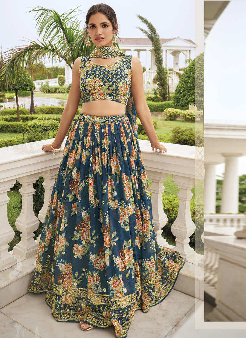 Peacock Blue Faux Georgette Embroidered Wedding Lehenga Choli