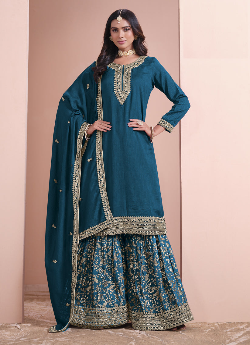 Peacock Art Silk Embroidered Palazzo Kameez