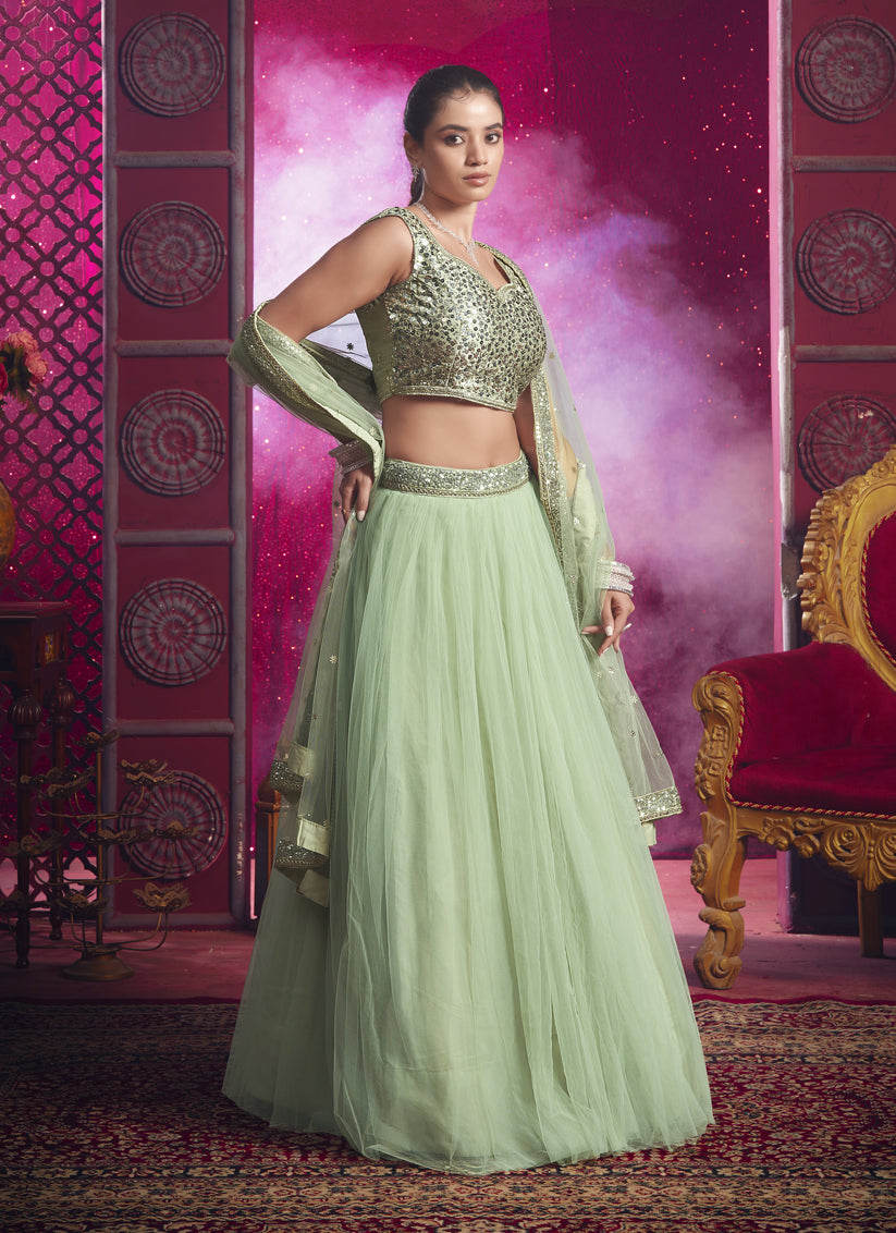 Pastel Green Net Designer Wedding Lehenga Choli