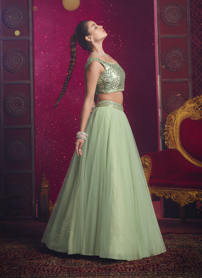 Pastel Green Net Designer Wedding Lehenga Choli