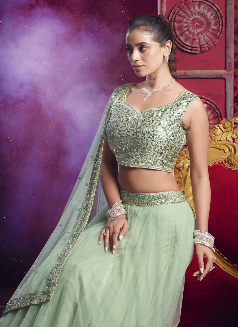 Pastel Green Net Designer Wedding Lehenga Choli