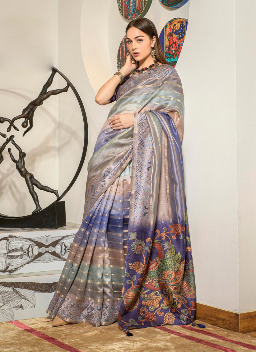 Multicolor Kora Silk Digital Print Saree