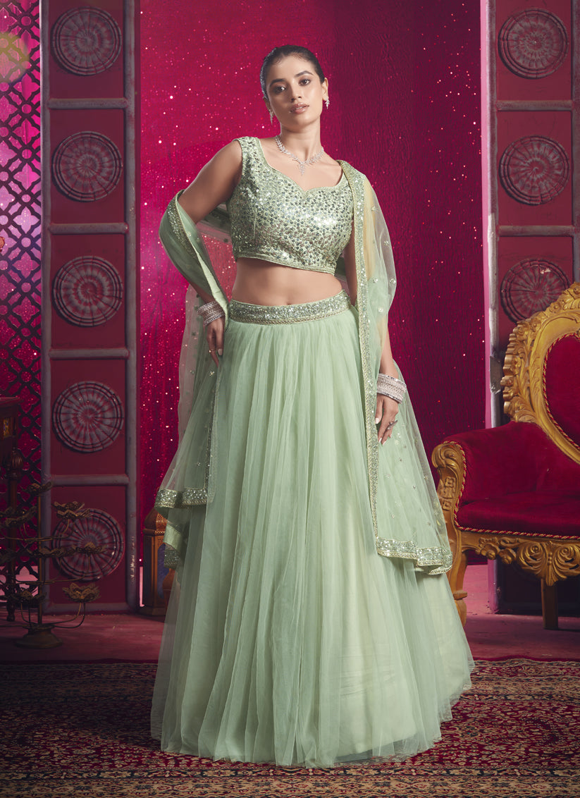 Pastel Green Net Designer Wedding Lehenga Choli