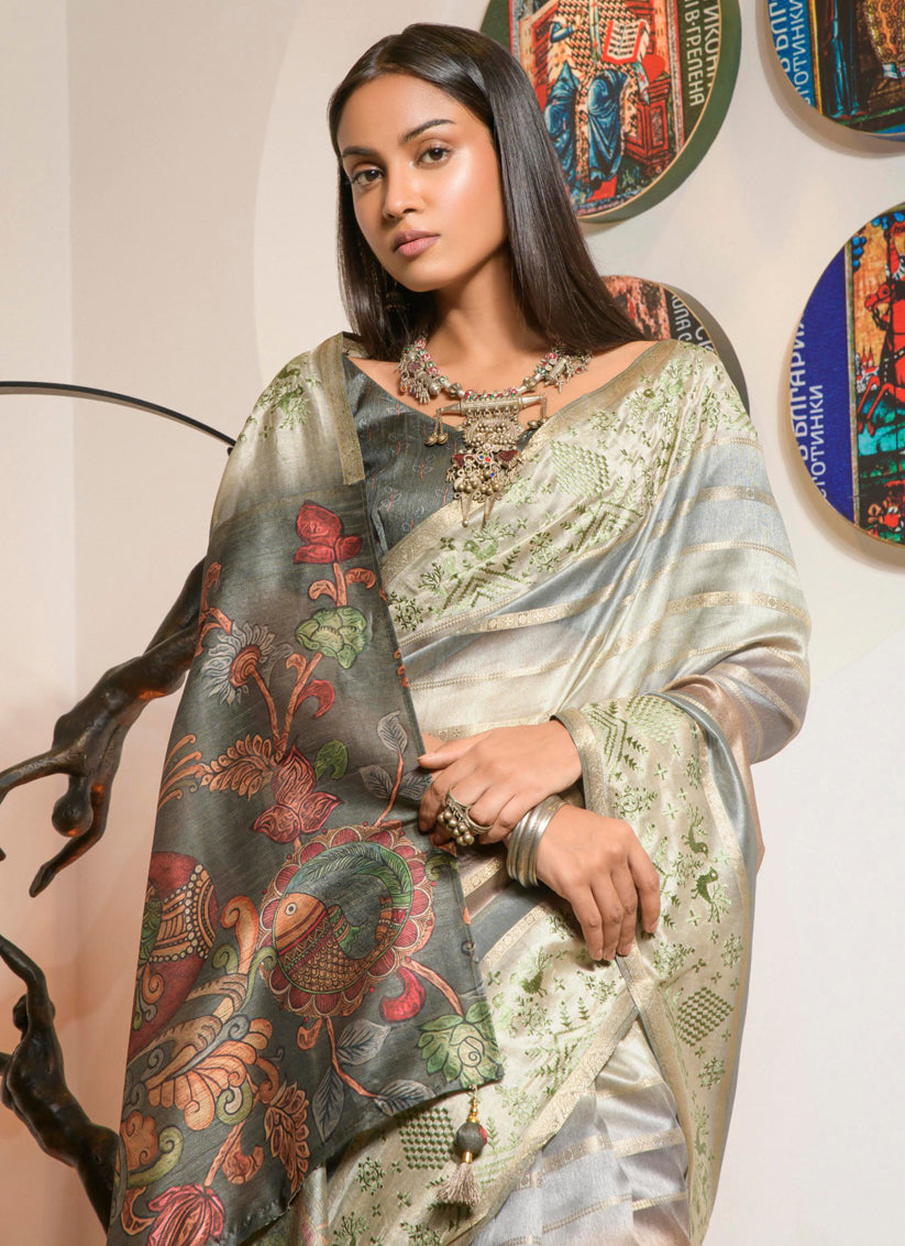 Multicolor Kora Silk Digital Print Saree