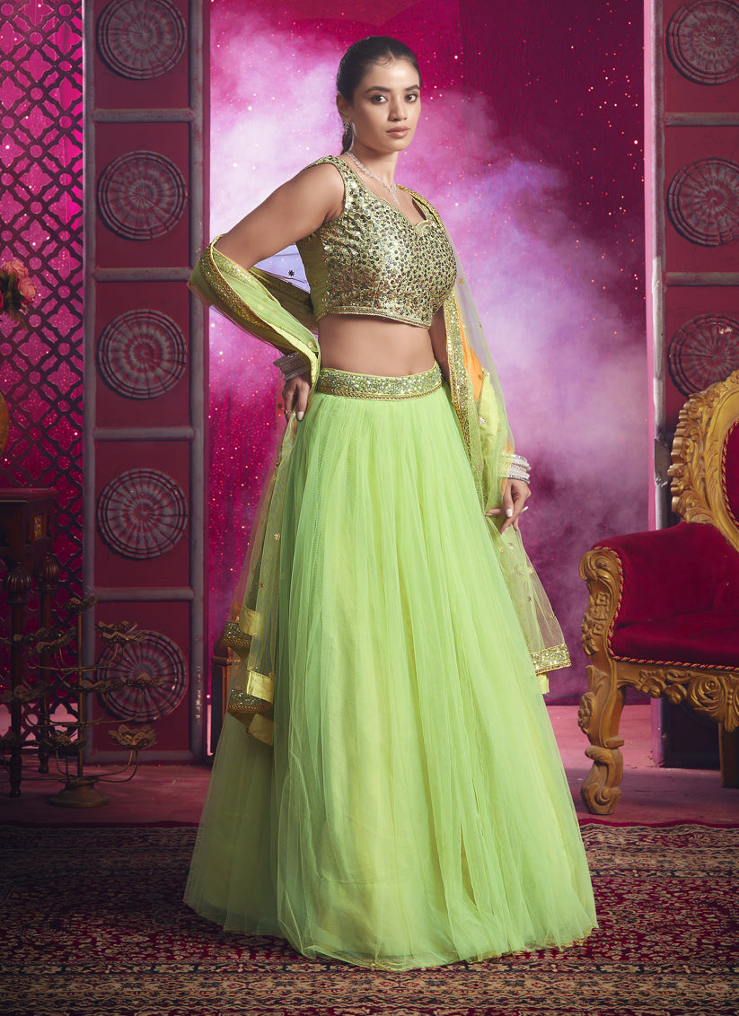 Spring Green Net Designer Wedding Lehenga Choli