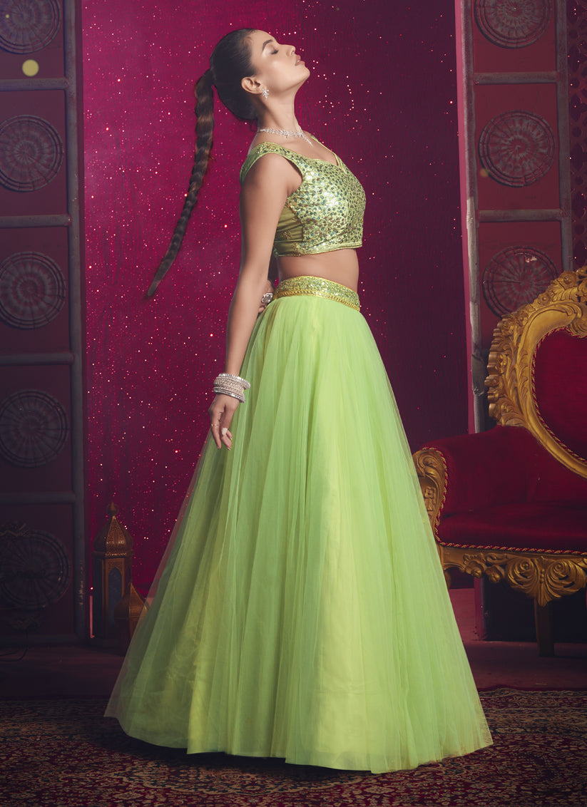 Spring Green Net Designer Wedding Lehenga Choli